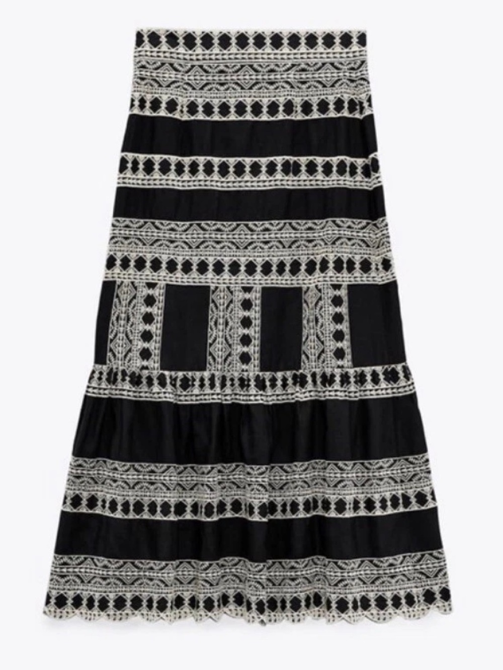 Zara Black and White Embroidered Midi Skirt